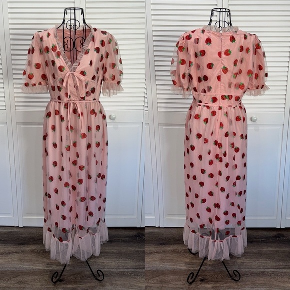 Huaershow Collection Design Dresses & Skirts - NWT🍓Pink Strawberry Glitter Tulle Cottagecore Retro Midi Dress Size XL